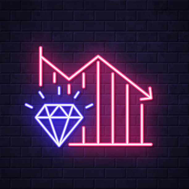 Diamond的下降图。在砖墙背景上发光的霓虹灯图标图片下载