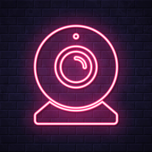 摄像头。在砖墙背景上发光的霓虹灯图标图片下载