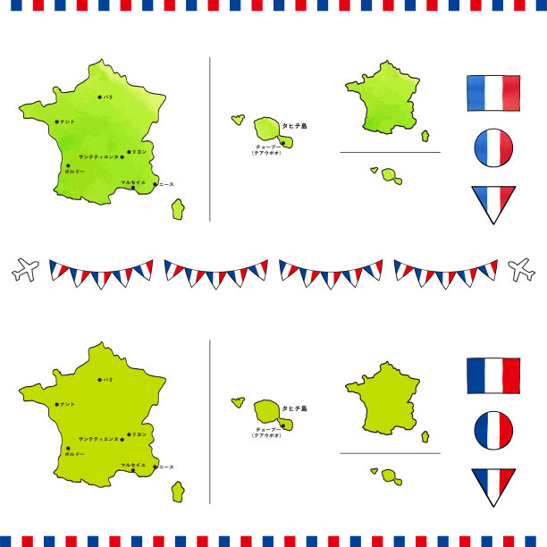 手绘插图集法国地图和国旗。钢笔和水彩画。图片下载