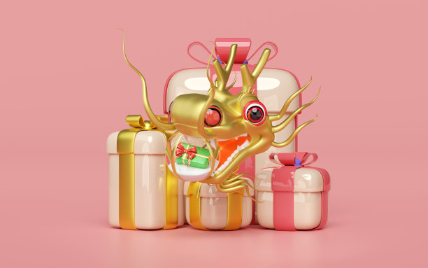 3d黄金中国龙与装饰雪花玻璃透明，礼盒。圣诞快乐，新年快乐，3d渲染插图图片下载