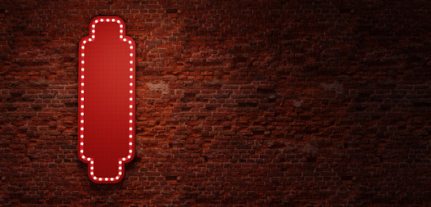 复古风格广告牌标志发光霓虹灯方形框架砖墙背景长标志空发光标志与霓虹灯3D插图图片下载