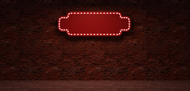 复古风格广告牌标志发光霓虹灯方形框架砖墙背景长标志空发光标志与霓虹灯3D插图图片下载