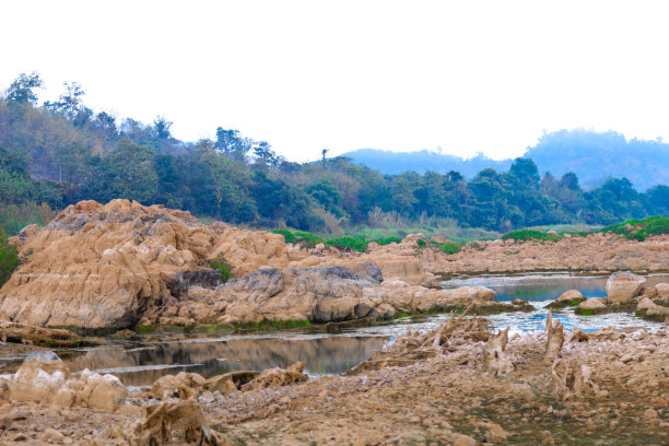 照片中的chuya河湍急的水流在山上。夏天有河流和蓝天。多岩石的海岸。巨石。图片下载