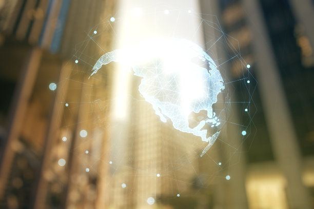 以写字楼为背景的北美虚拟数字地图，国际贸易概念。Multiexposure图片下载