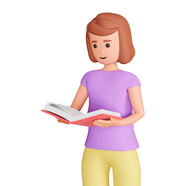 一个女人的特写3d字符阅读一本书在她的手前视图。成年女孩站着和阅读书籍三维插图孤立的白色背景图片下载