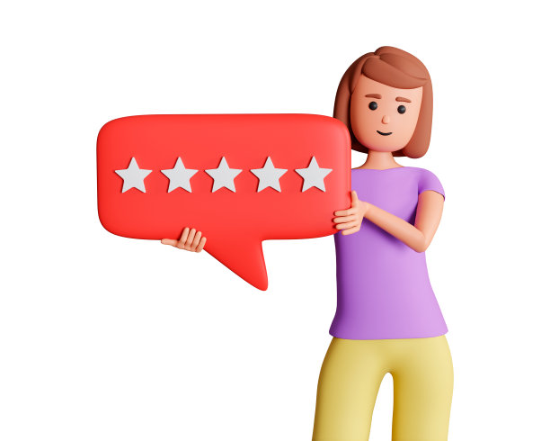 3d女人角色持有文字气泡与5颗星星的标志。3d插图的女性角色持有5颗星评级文字气泡隔离在白色背景图片下载