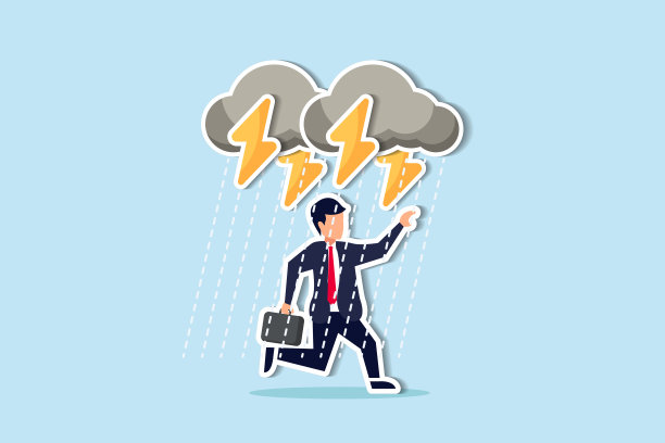 商业问题，障碍或风险克服和成功，保险或灾难和灾难的商业天的概念，沮丧的商人走在阴天雷雨和他的脸周围的雨水图片下载