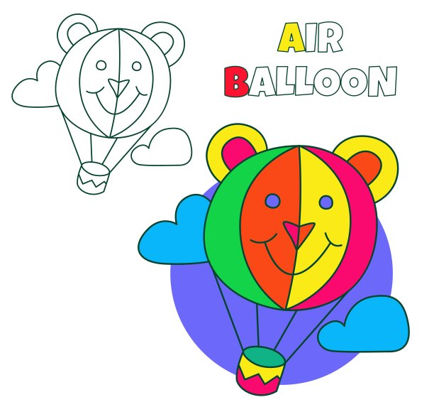 着色书页面矢量插图孤立在白色背景上。小熊脸卡通气球，供小朋友着色。简单的剪贴画图形与热气球在天空图片下载
