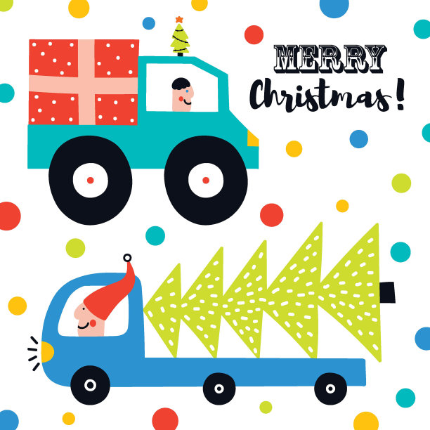 五颜六色的汽车载着圣诞树和礼品盒。图片下载