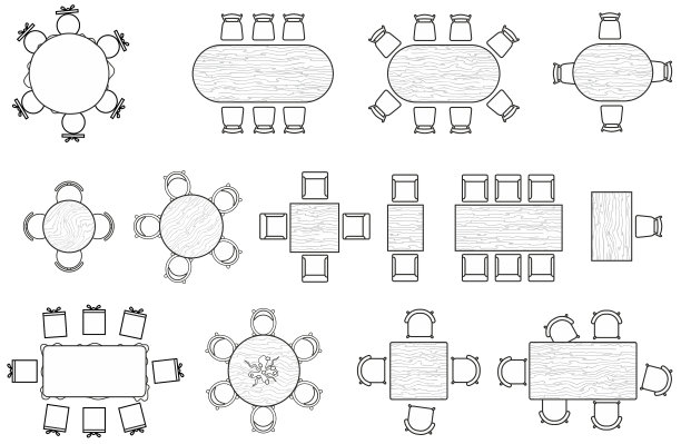 桌椅系列家具，适用于餐厅、办公室、住宅、公寓、客厅。平面图的内部图标。家具符号为室内设计在俯视图。向量图片下载