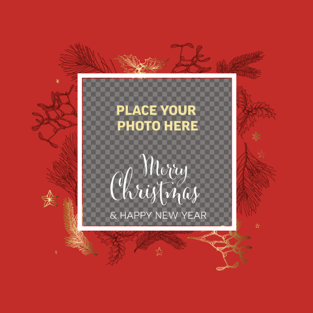 圣诞红色家庭照片卡片布局模板与圣诞元素图片下载
