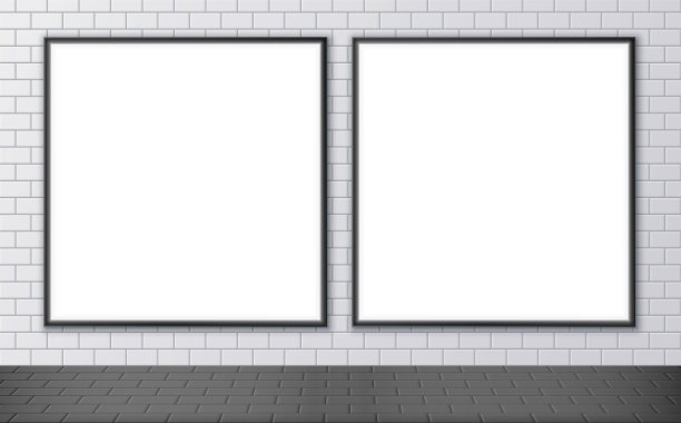 地铁站的空白广告牌模型。街道墙上的两张方形海报。图片下载