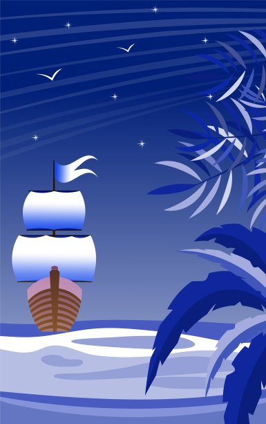 卡通帆船。船在夜间航行。图片下载