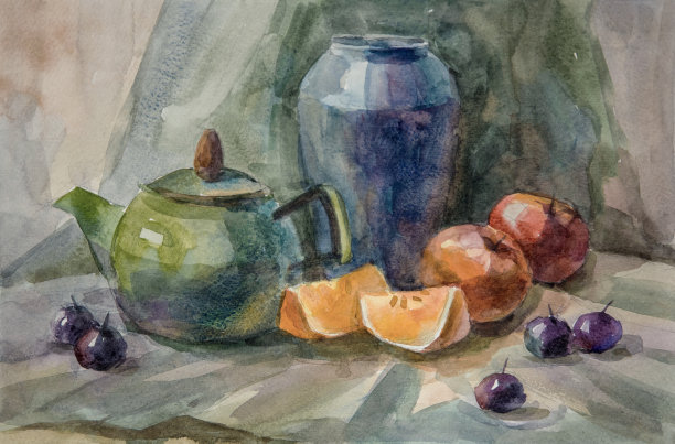 静物画，茶壶，苹果和橘子片。水彩画。图片下载