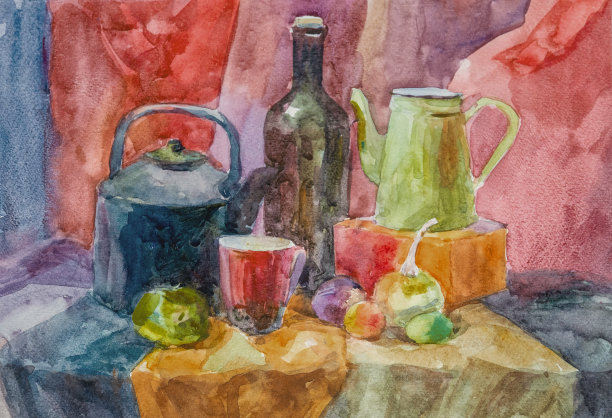用水壶画静物画。水彩画。图片下载