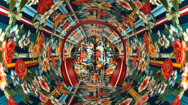 花的世界，春天的心情，人脑戴着耳机，跳舞和听音乐，概念，3D渲染图片下载