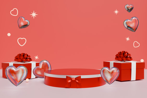 情人节母亲节生日。红色的讲台上有爱心和礼物。三维渲染图片下载