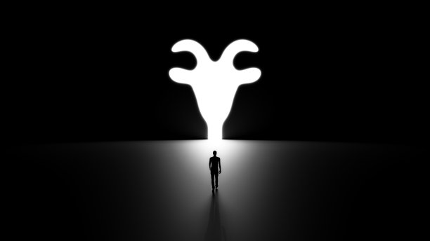 一个人走进一个山羊形状的洞在墙上的3D剪影图片下载