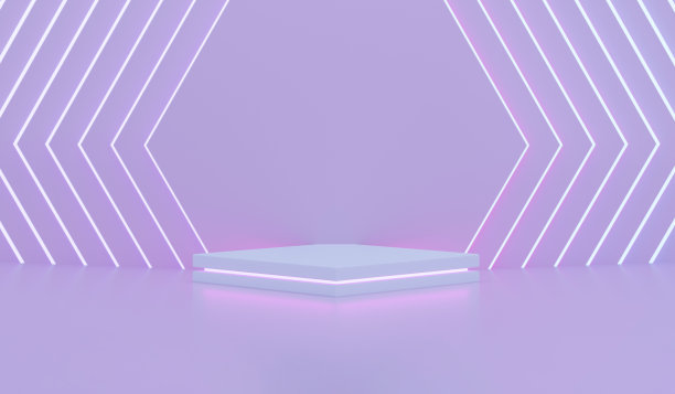 在渐变的紫色和粉红色背景上的派对产品霓虹灯讲台。图片下载