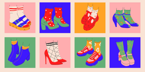 收集女鞋海报有和没有高跟鞋。新潮款式的鞋子、拖鞋、运动鞋。孤立。向量图片下载