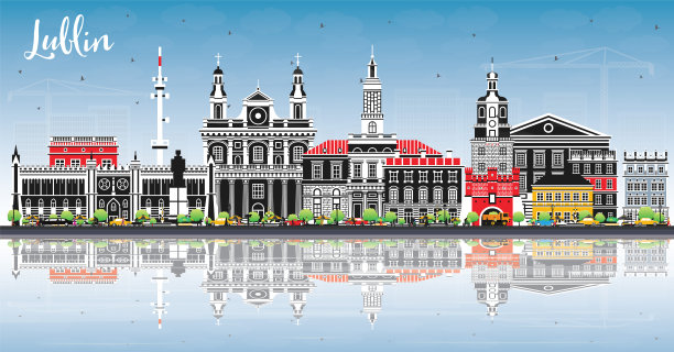卢布林波兰城市天际线与彩色建筑，蓝天和反射。卢布林城市景观与地标。商务旅行和具有历史建筑的旅游理念。图片下载