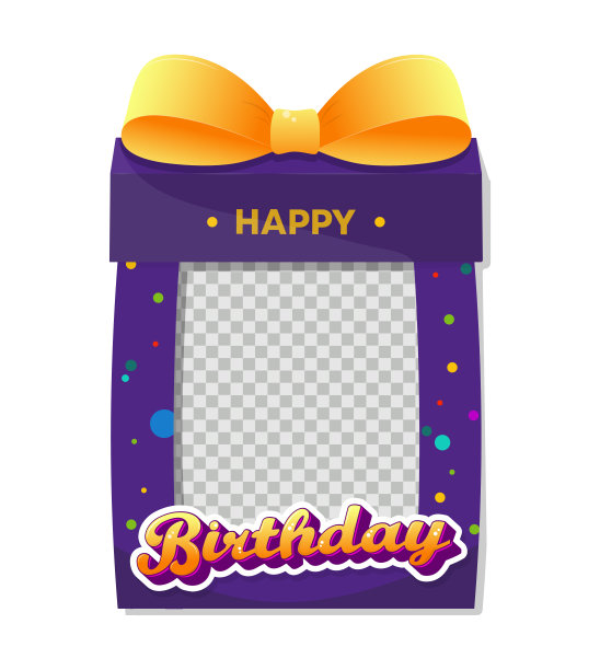 生日快乐。紫色的相框以礼盒的形式与黄色的蝴蝶结和五彩纸屑。矢量图图片下载