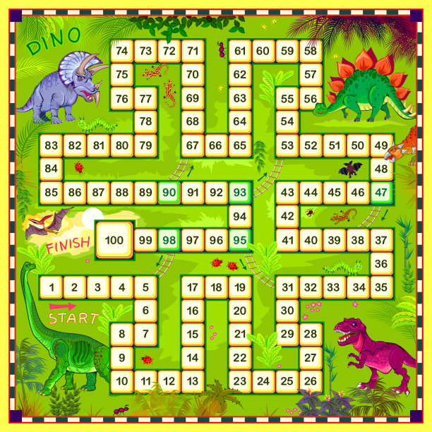 为小孩子玩的骰子棋盘游戏。史前冒险的世界。可打印的婴儿书页。发展计数技能。研究数字。矢量卡通插图的孩子。玩在线。图片下载