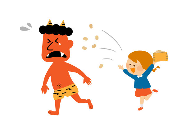 日本节日撒豆驱鬼儿童插画素材图片下载