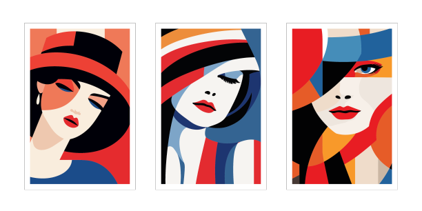 一组复古风格的抽象女性肖像图片下载