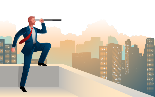 商人透过窗户凝视着城市的天际线图片下载