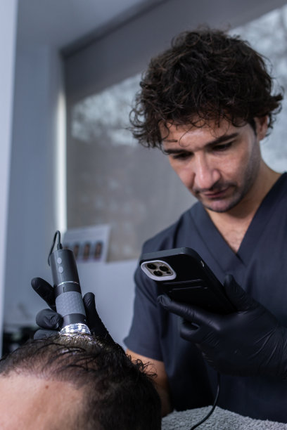 护士手持小型手持显微镜观察病人头皮的垂直照片。图片下载