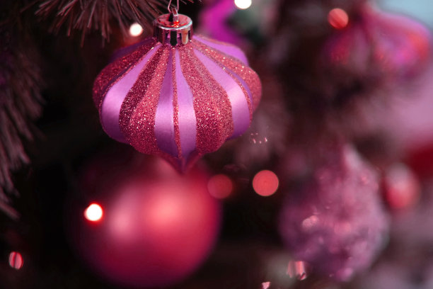 圣诞饰品背景。品红，紫色装饰玻璃小玩意。圣诞树上有地球仪、泡泡。闪闪发光的球，圣诞树枝。装饰物品。冬季节日装饰，闪烁的灯光图片下载
