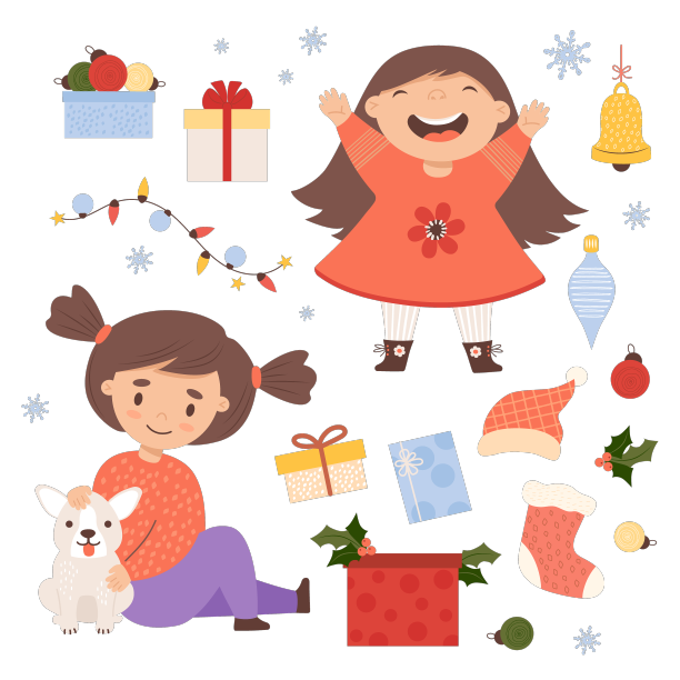 圣诞节小朋友们设定可爱快乐的孩子和小狗图片下载