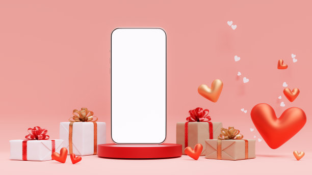 粉色背景的智能手机模型与心形，3d渲染图片下载