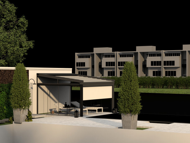 3 d渲染。现代藤架与垂直百叶窗在后院。图片下载