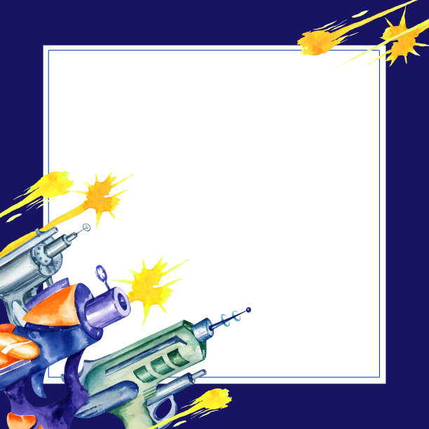 水彩白色方形框架与玩具枪，梦幻般的武器，太空手枪，爆能枪和光线在蓝色水彩背景，手绘素描，插图的男孩图片下载