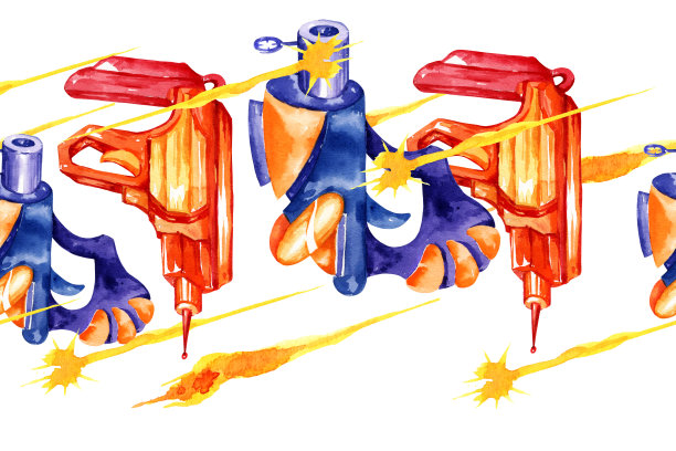 水彩手绘无缝边界与玩具枪，梦幻般的武器，太空手枪，爆能枪和射线隔离在白色的背景，手绘草图，插图的男孩图片下载