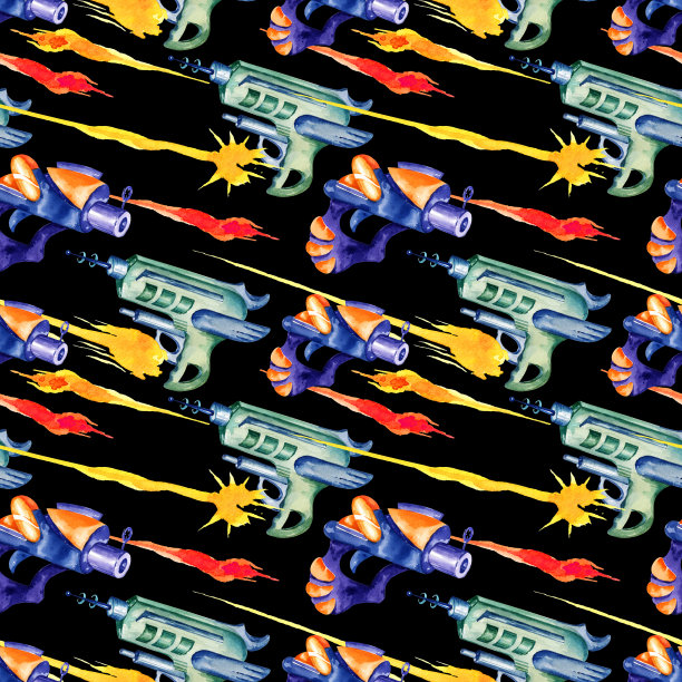 水彩手绘无缝图案与玩具枪，梦幻武器，太空手枪，爆炸枪和射线黑色背景，手绘草图，插图的男孩图片下载