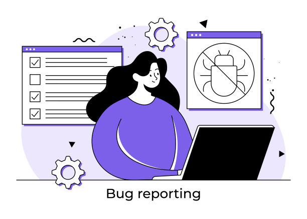 Bug修复平面插画概念，软件问题或系统故障，女性开发者修复系统错误或Bug，软件开发过程问题阶段，编程腐败错误图片下载