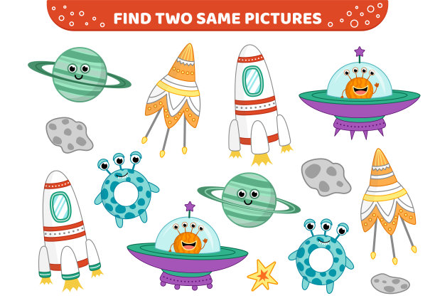 太空游戏与外星人，不明飞行物，土星。找两张相同的图片。儿童游戏。卡通、矢量图片下载