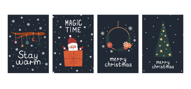 手绘冬季节日贺卡：圣诞快乐，新年快乐矢量素材图片下载