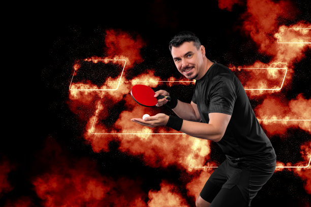 乒乓球运动员。乒乓球模板的社交媒体广告。下载一张乒乓球运动员的照片，作为网球拍的包装设计。图像的网球盒模板。图片下载