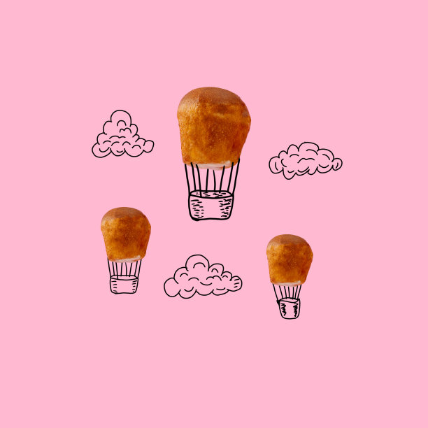 粉红色背景上的纸杯蛋糕最后画上了气球和云彩图片下载