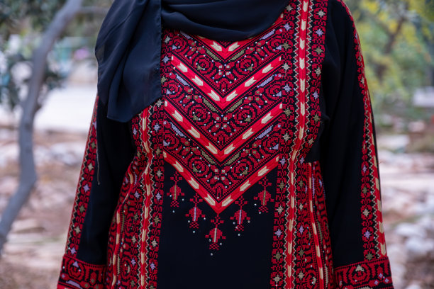 一名身着红黑相间衣服的巴勒斯坦妇女图片下载