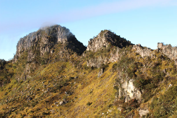 美丽的岩石山在印尼爪哇中部火山山顶，野生动物自然景观阳光明媚的天气与蓝天背景壁纸照片图片下载