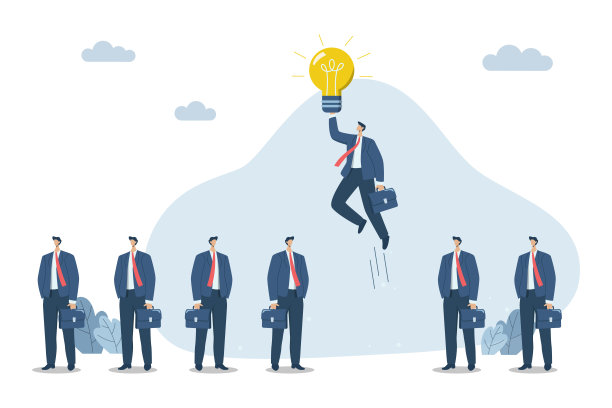 与众不同，从人群中脱颖而出。商人用不同的经营理念直接走向成功，与商人从包装中走出来的区别和创造性的象征。图片下载