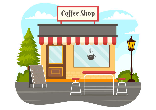 咖啡厅矢量插图与室内和家具适合平面卡通背景设计的海报或广告图片下载