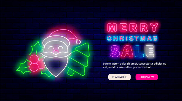 圣诞节促销霓虹灯宣传单。圣诞树、浆果和圣诞老人。网站着陆页模板。矢量素材图片下载