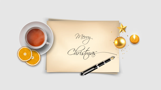 圣诞快乐的俯视图，在纸上，纸上，纸上，用墨水书写。现实向量圣诞对象组成图片下载