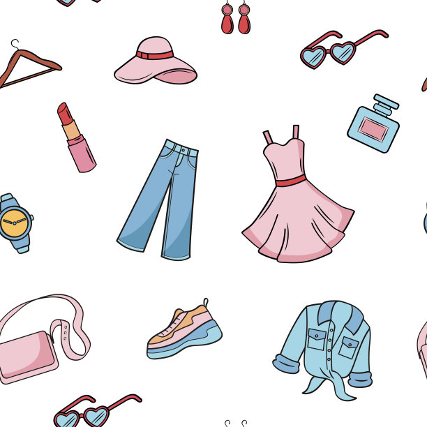 女性服装，商品，购物。美丽的矢量图案设置在一个白色的背景。无缝背景打印。图片下载
